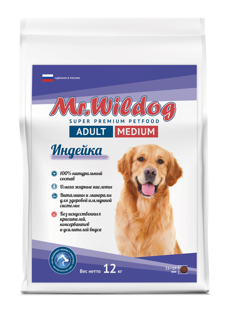 картинка “Mr.Wildog” Сухой полнорационный корм с индейкой для взрослых собак средних пород  12 кг от магазина PFMrus
