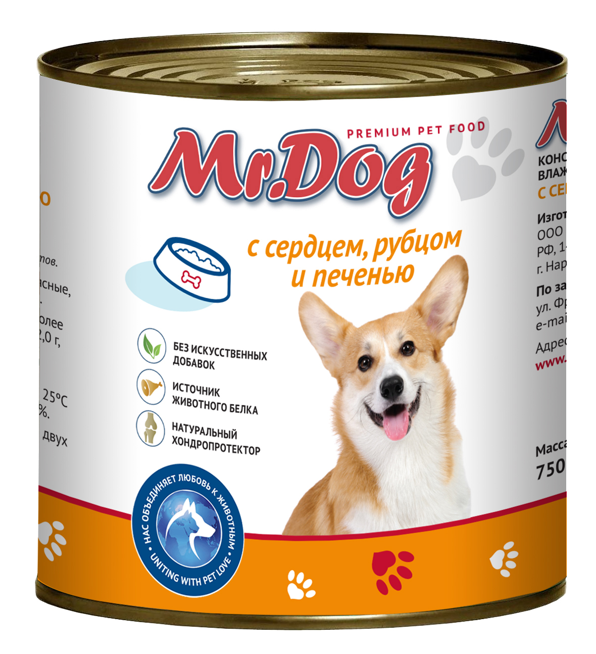 картинка Mr.Dog с сердцем, рубцом и печенью, 750 гр. ж/б, упаковка 12шт. от магазина PFMrus