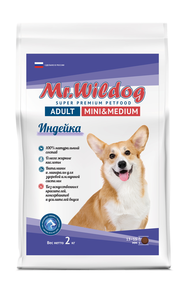 картинка “Mr.Wildog” Сухой полнорационный корм с индейкой для взрослых собак мелких и средних пород 2 кг от магазина PFMrus