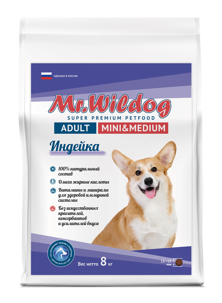 картинка “Mr.Wildog” Сухой полнорационный корм с индейкой для взрослых собак мелких и средних пород 8 кг от магазина PFMrus