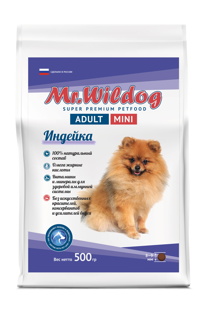 картинка “Mr.Wildog” Сухой полнорационный корм с индейкой для взрослых собак мелких пород 500 гр от магазина PFMrus