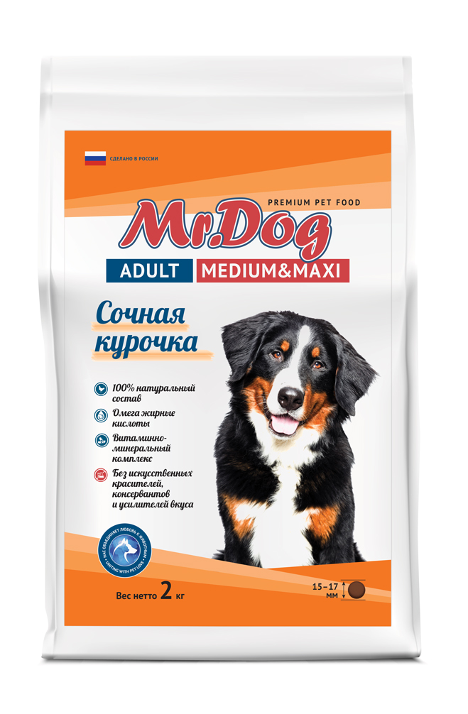 картинка "Mr.Dog" Сухой полнорационный корм с курицей для взрослых собак средних пород, 2 кг от магазина PFMrus