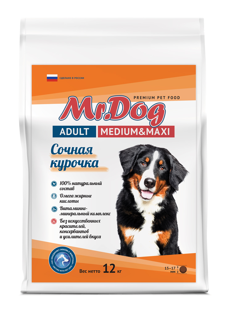 картинка "Mr.Dog" Сухой полнорационный корм с курицей для взрослых собак средних и крупных пород, 12 кг от магазина PFMrus