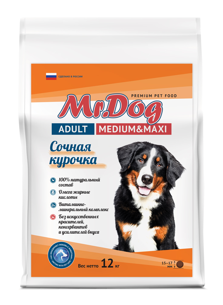 картинка "Mr.Dog" Сухой полнорационный корм с курицей для взрослых собак средних пород, 12 кг от магазина PFMrus