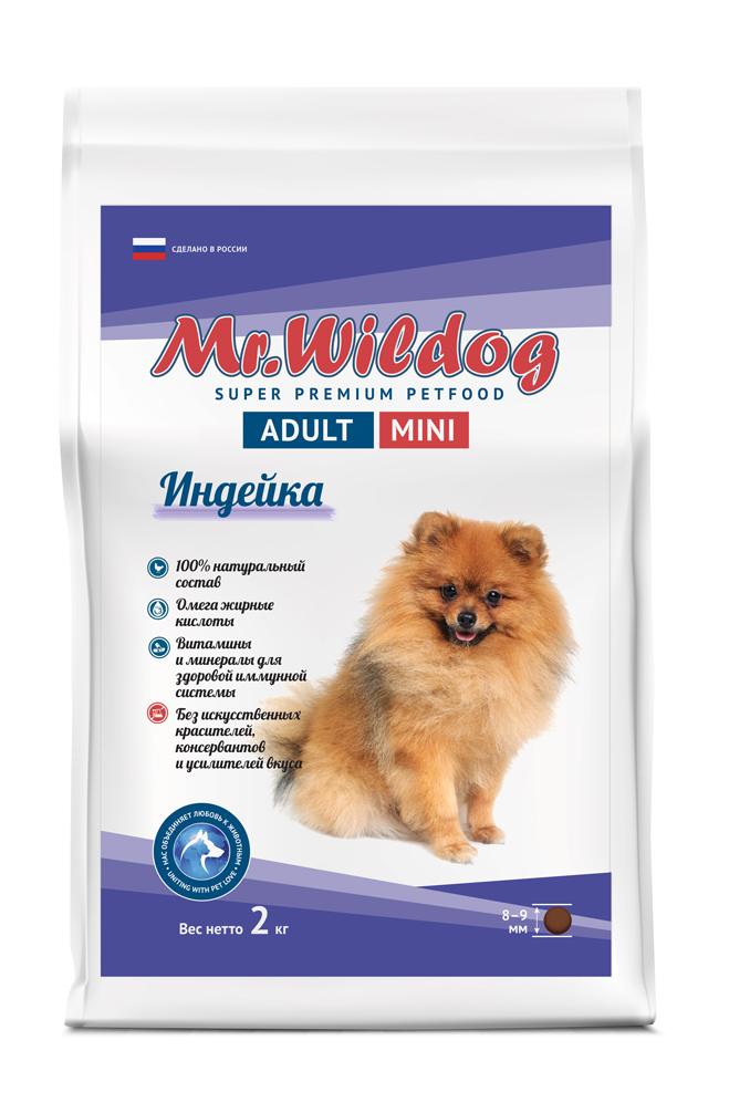 картинка “Mr.Wildog” Сухой полнорационный корм с индейкой для взрослых собак мелких пород 2 кг от магазина PFMrus